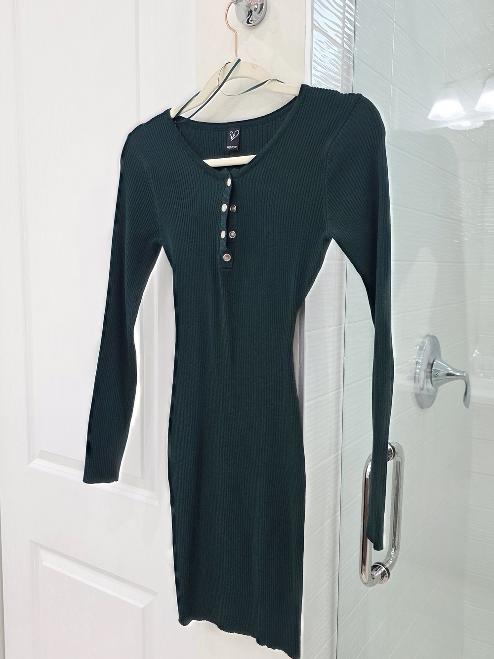Windsor Dark Green Ribbed Henley Long-Sleeve Bodycon Dress